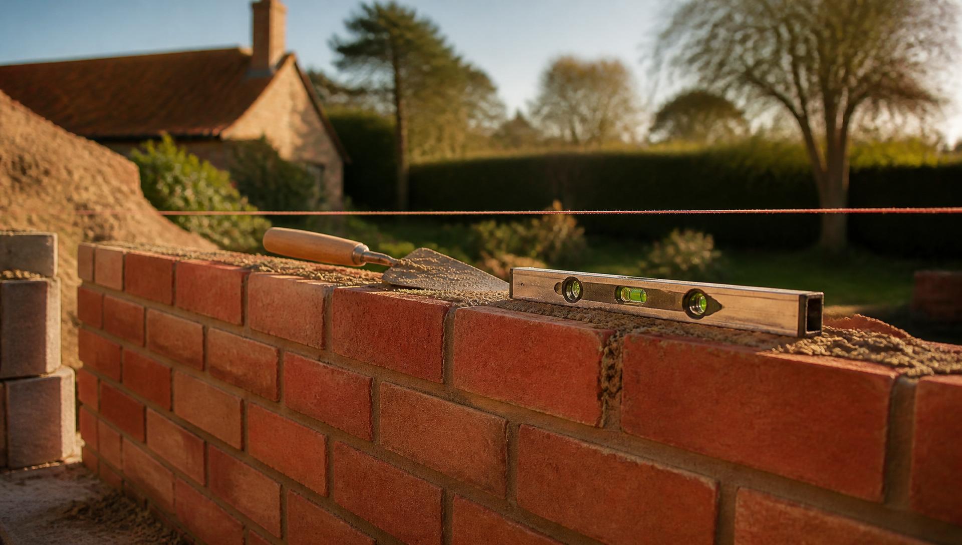 Freshly laid red facing brick wall with mortar joints, trowel and spirit level on top course | bricklaying in King's Lynn by Humphries Construction