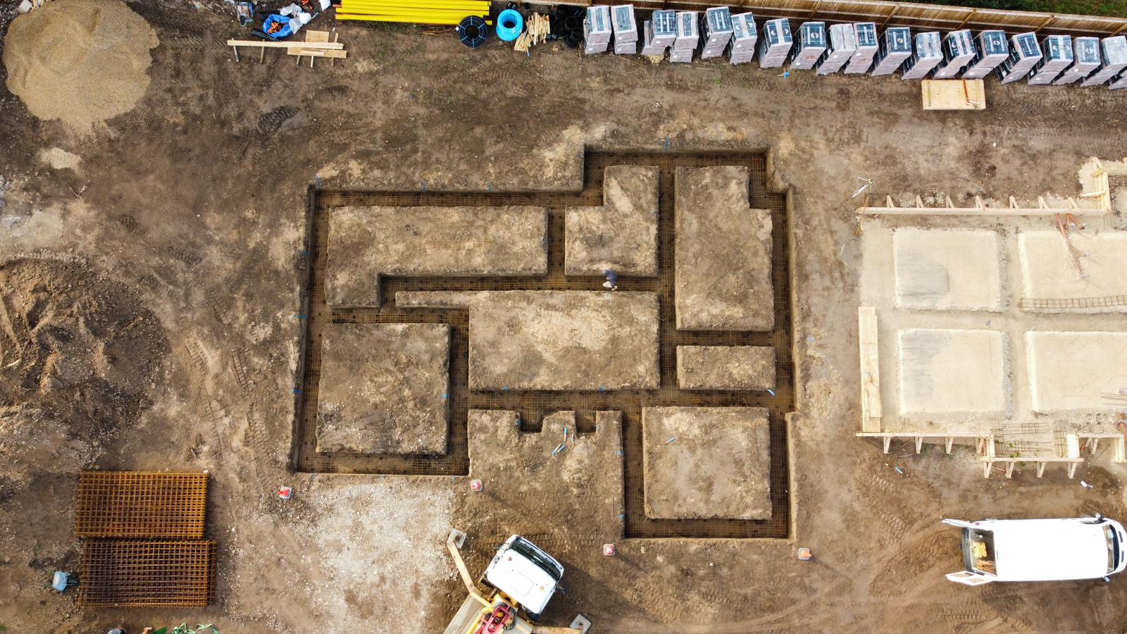 Aerial view of set-out foundation layout on a cleared new-build plot | new build groundworks in King's Lynn by Humphries Construction