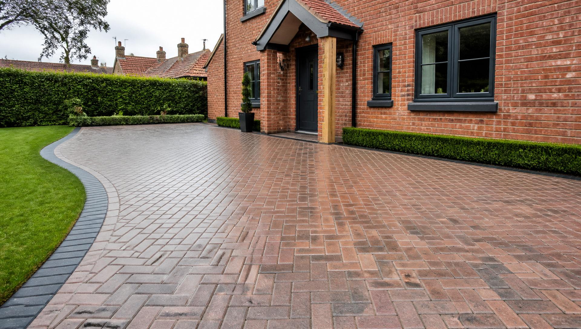 Newly completed block-paved herringbone driveway with charcoal edging in front of a Norfolk home | driveways in King's Lynn by Humphries Construction