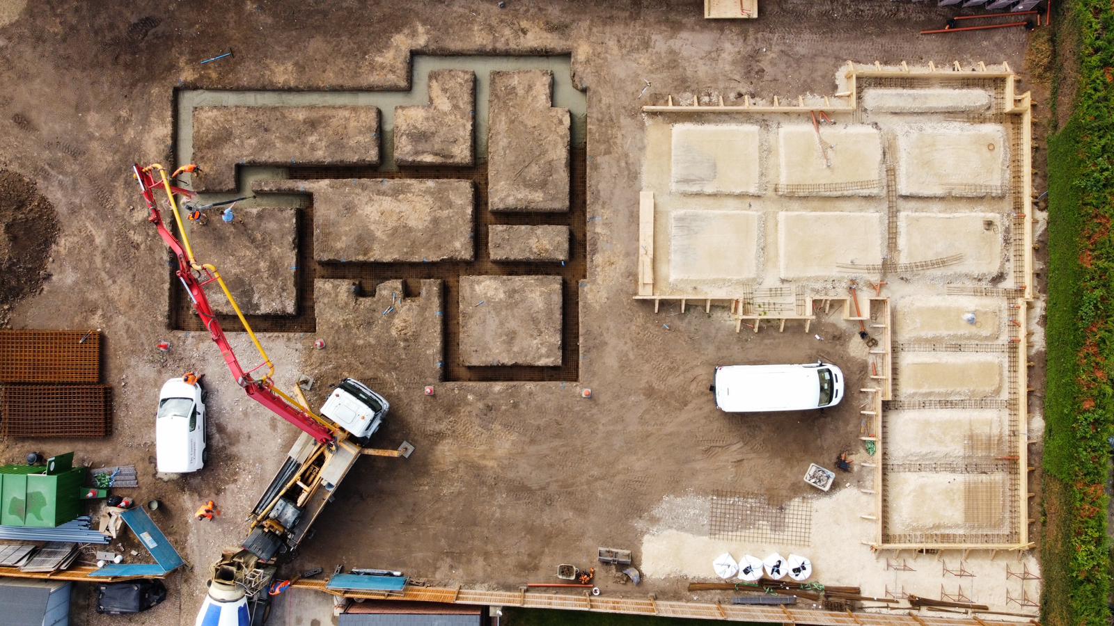 Aerial view of two adjacent new-build foundations ready for slab | new build groundworks in King's Lynn by Humphries Construction