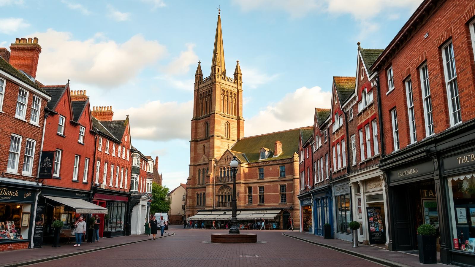 Dereham Norfolk market town with the parish church tower above Georgian shopfronts