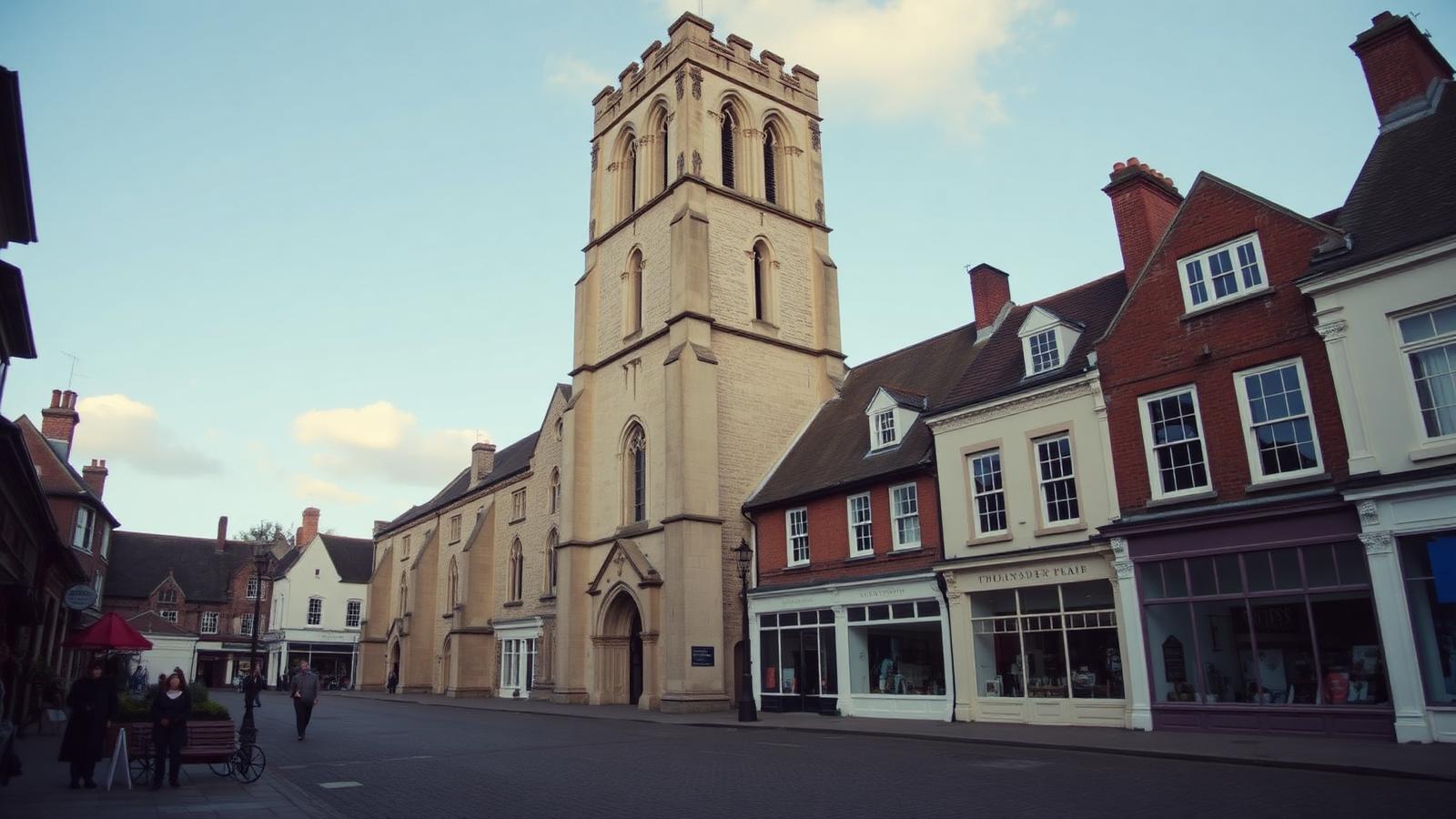 Fakenham market square with the medieval parish church tower, Norfolk