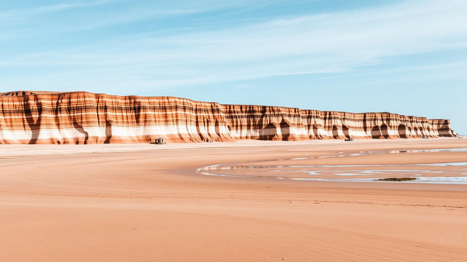 Hunstanton's striped red carrstone and white chalk cliffs above the beach, Norfolk
