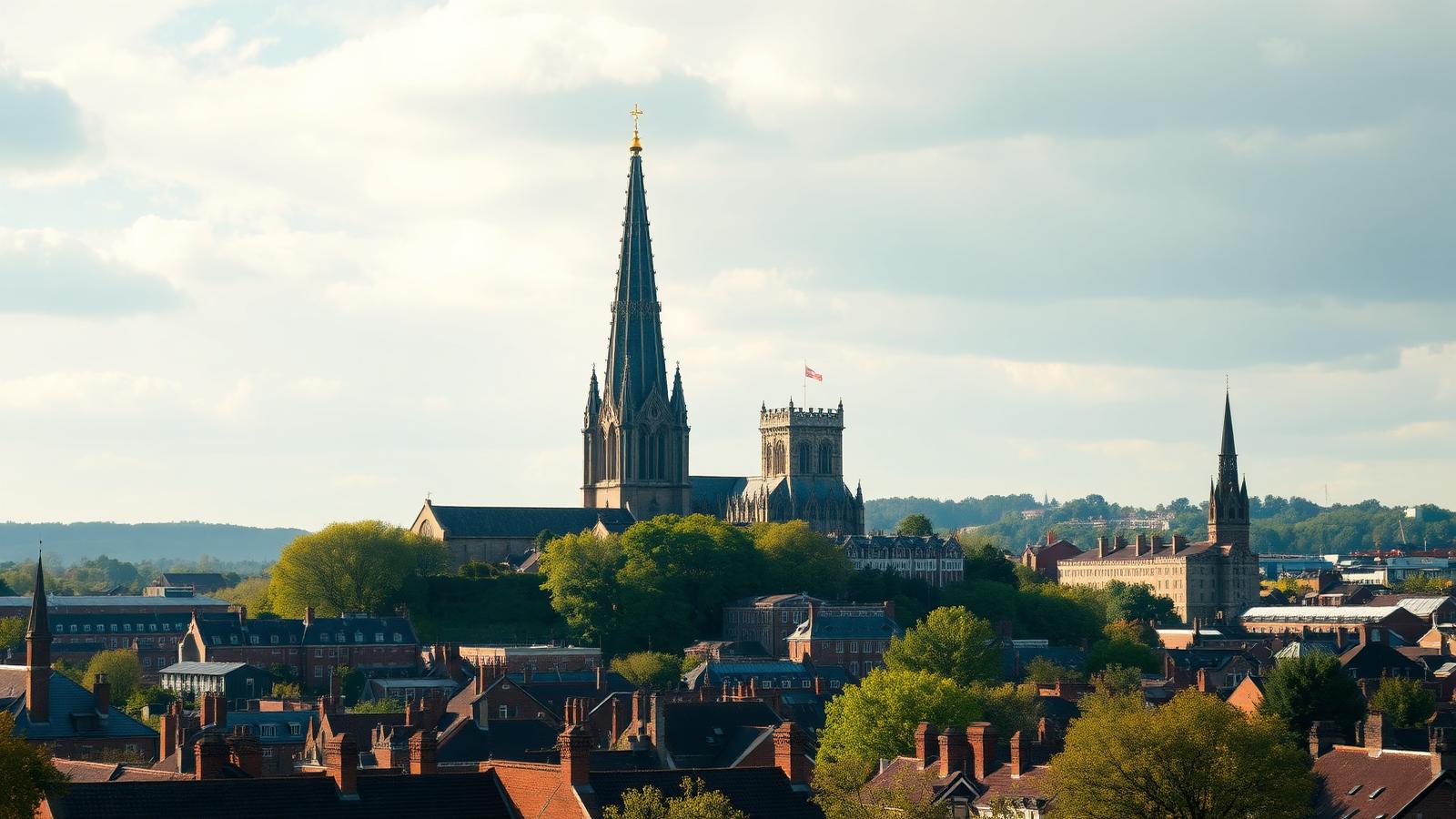 Norwich skyline with the cathedral spire and Norman castle keep, Norfolk