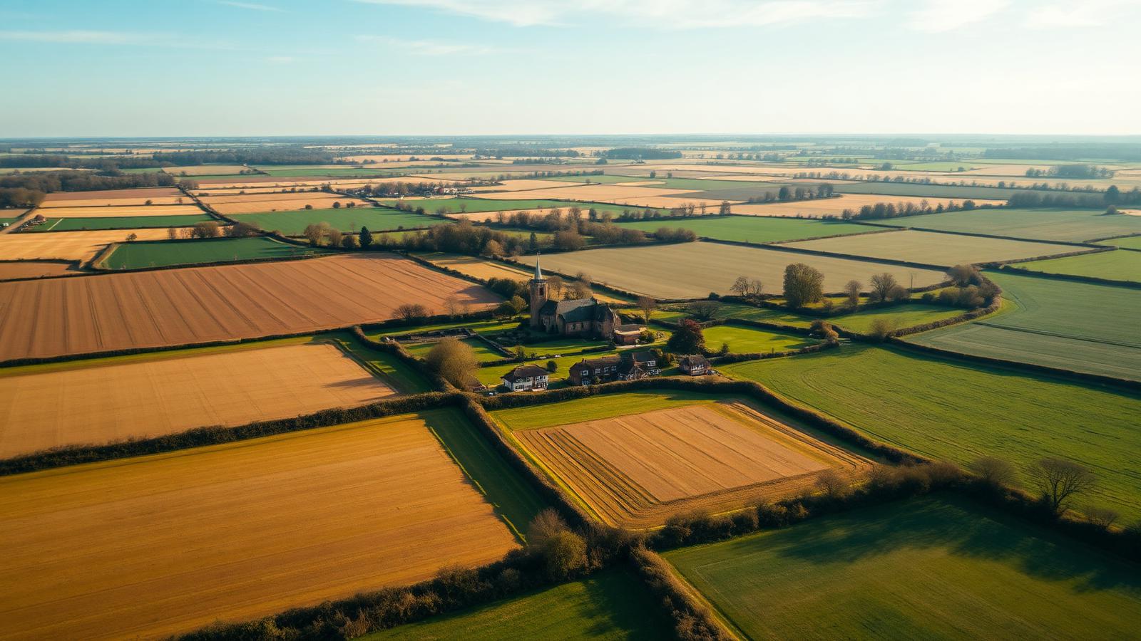 Aerial view of rural West Norfolk farmland with a village church tower
